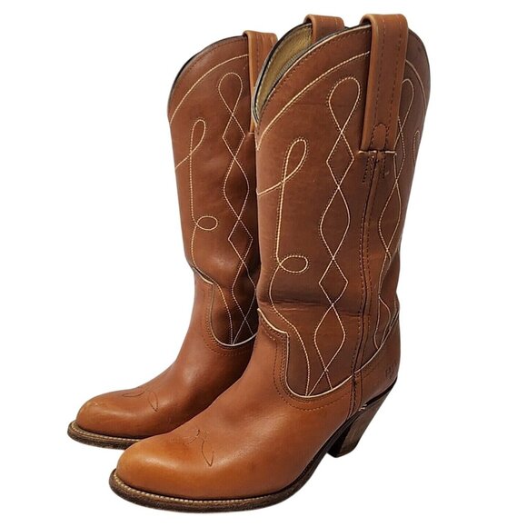 Vintage 1970s Frye Brown Leather Western Cowboy Boots Women’s 6.5 High Heel Tall - Picture 1 of 13